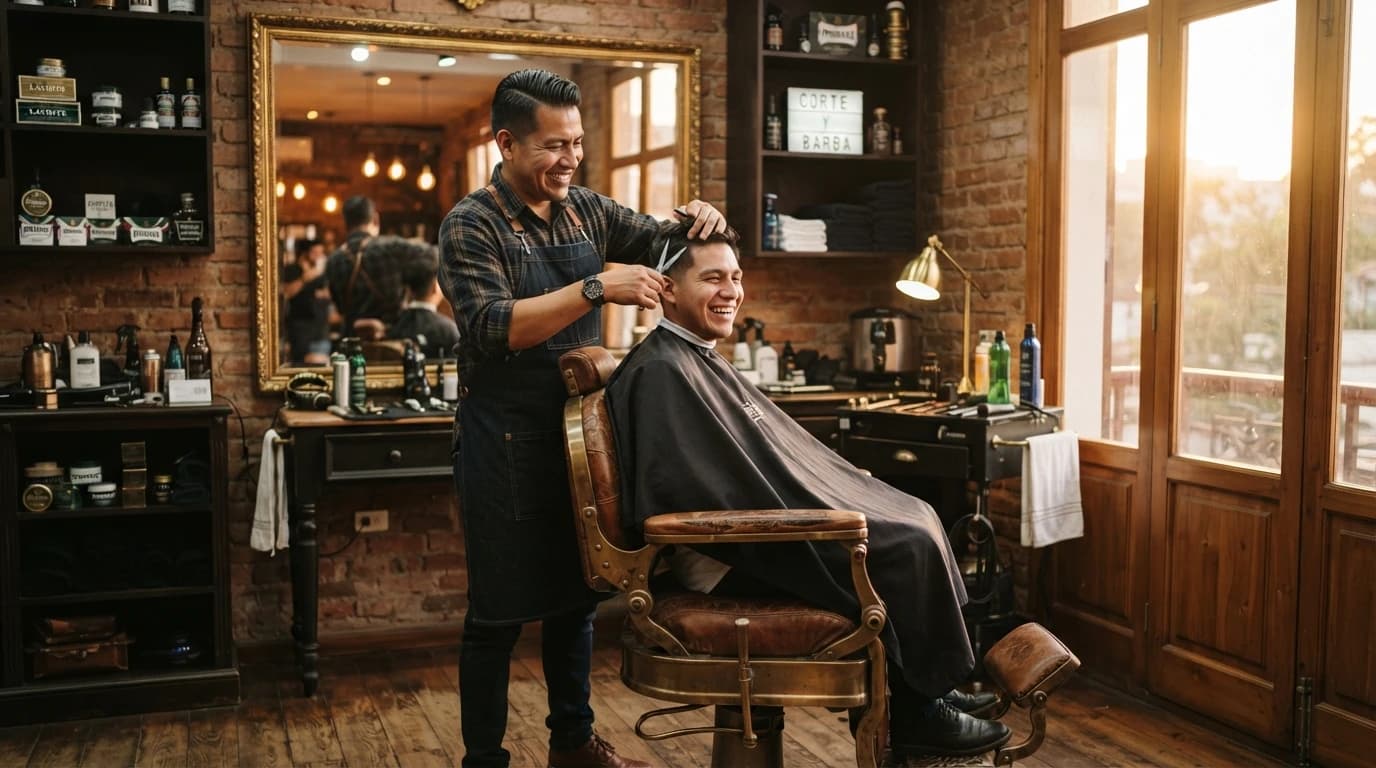 Barbero atendiendo a un cliente en una barbería premium